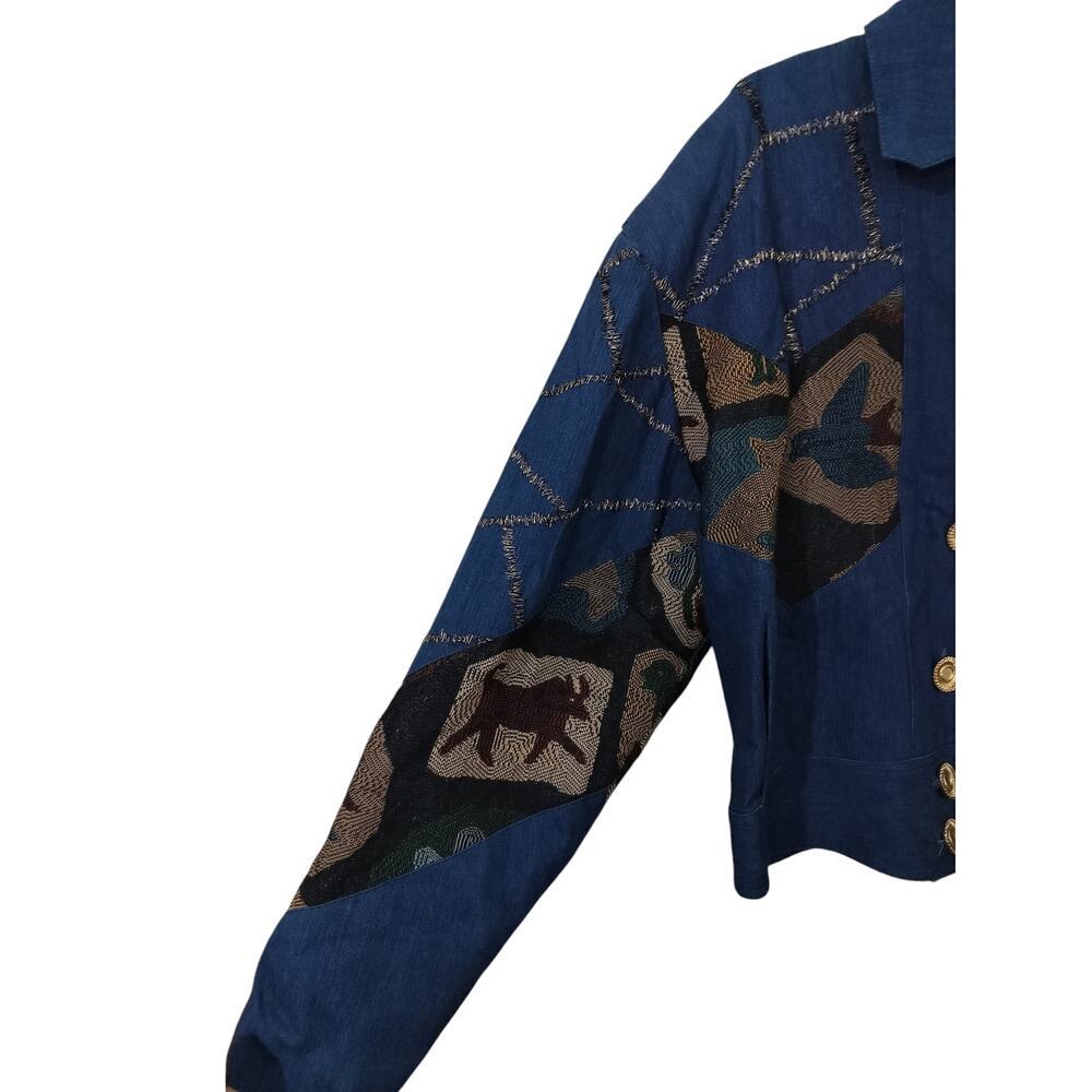3228) Vtg Howard Wolf Dallas Tapestry Floral Animal Cropped Denim Jacket Sz 12 - Picture 4 of 7